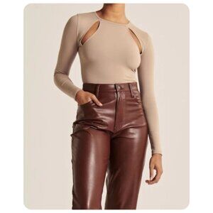 NWT Abercrombie & Fitch Beige Long Sleeve Cutout Thong Bodysuit sz L